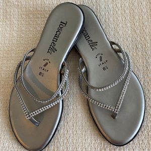 Silver jeweled flip flop slides 8.5